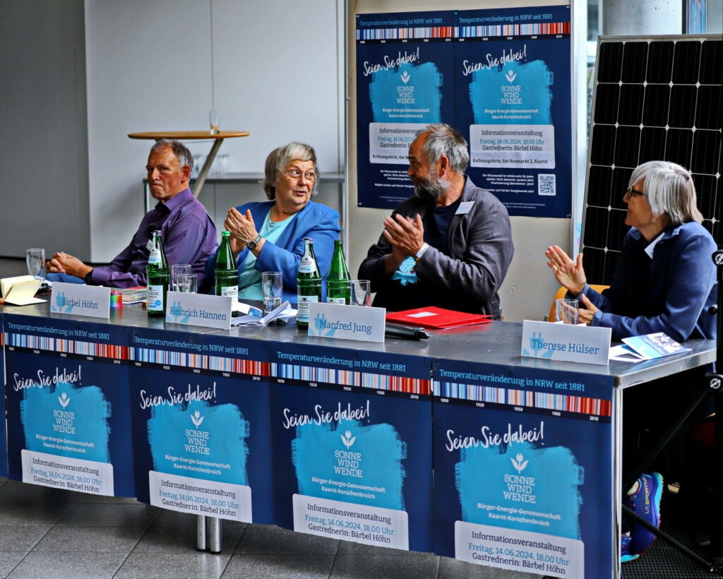 Das Podium Initiator:innen der Informationsveranstaltung zur Bürger-Energiegenossenschaft in Kaarst am 14.06.24 mit Keynote Speakerin Bärbel Höhn, NRW-Umweltministerin a.D.